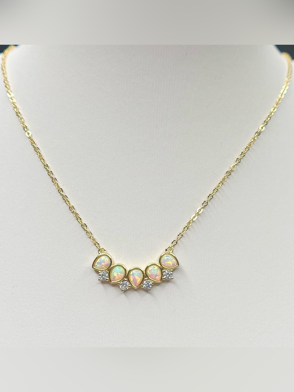 18K Gold Opal Teardrop Necklace with Clear Stones - Women Jewelry